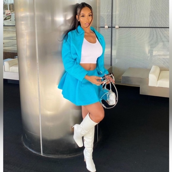 SET: textured bomber jacket + skirt sky blue size S NWT - Picture 4 of 5